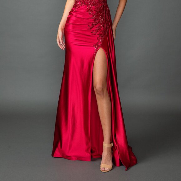 New Burgundy Long Evening Sheath Gown w/ Side Drape & Sexy Leg Slit DQ 4552 - Picture 5 of 8